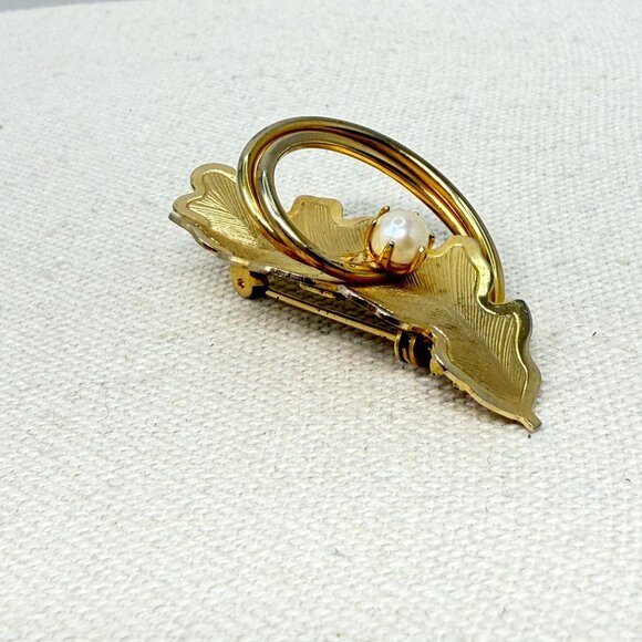 Vintage Leaf Brooch Gold-Tone Imitation Pearl MCM Mid-Century Nature Retro - Picture 4 of 11